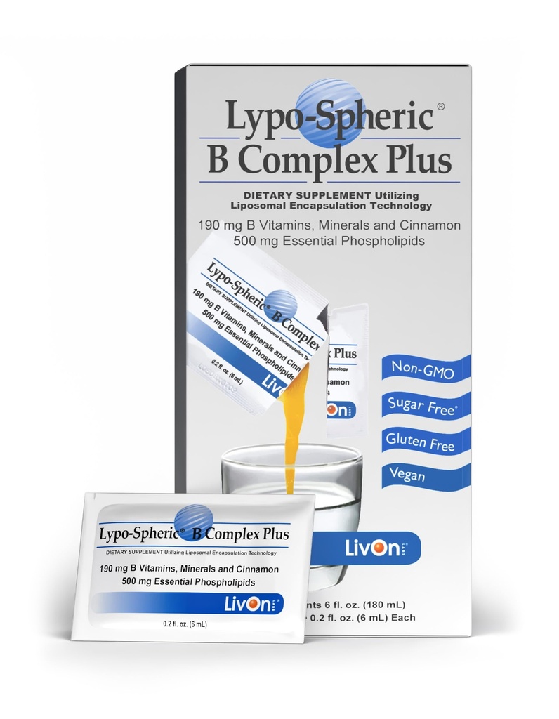 LivOn Laboratories Lypo–Spheric B Complex Plus – 30 Packungen – 195 mg B Vitamine, Mineralstoffe & Cinnamon Per Packet – Liposomen zur verbesserten Absorption – 100% Non-GMO