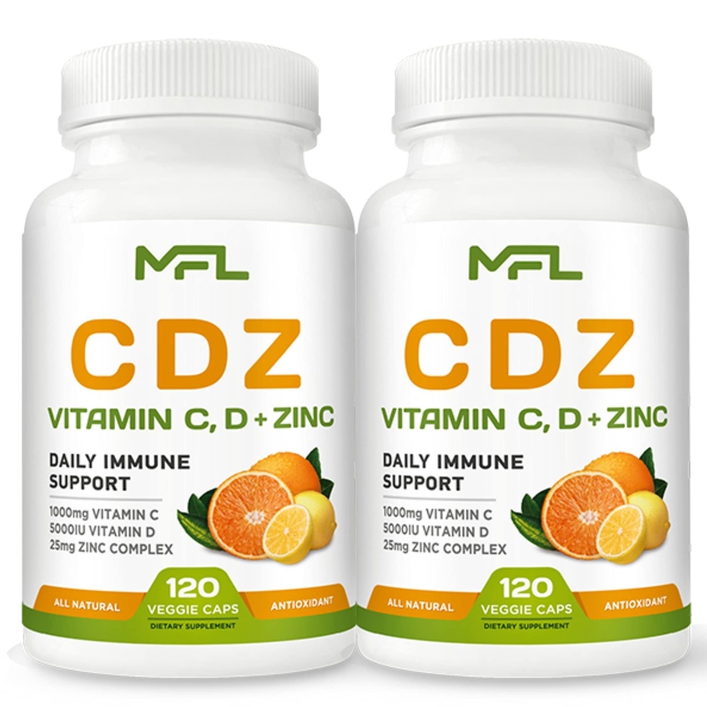2 Packung, C D Z | Vitamin C, 1000mg | Vitamin D3, 125mcg | Zink, 25mg | Non-GMO & Gluten Free | 240 Servierungen