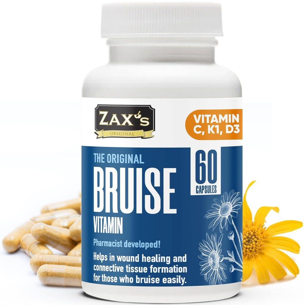 ZAX'S Bruise Vitamin Pharmacist Entwickelt Bruising Ergänzungen Potent Bruising Swelling Reducer, Zink, Vitamin K, D3, Ascorbinsäure, Citrus Bioflavonoids, 60 Caps, Kombinieren Arnica Bruise Cream