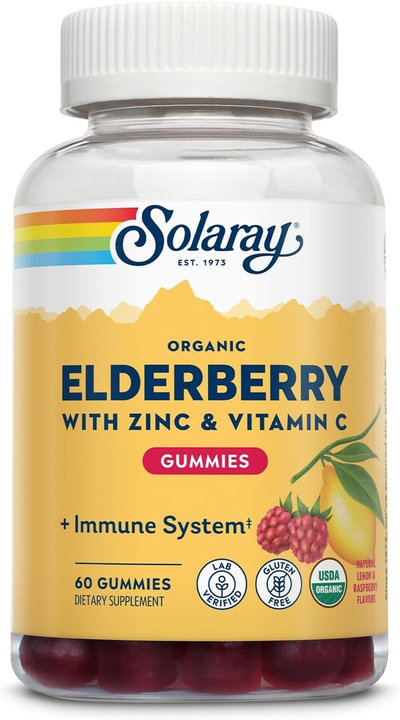 SOLARAY Organic Elderberry Gummies w/Zinc & Vitamin C | Gesundes Immunsystem Unterstützung | Glutenfrei | 30 Serv, 60 Ct