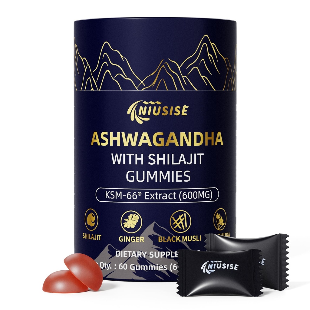 Ashwagandha Gummies avec Shilajit 300mg pour les femmes et les hommes, Zero Sugar Ashwagandha Suppléments avec Maca Root Powder