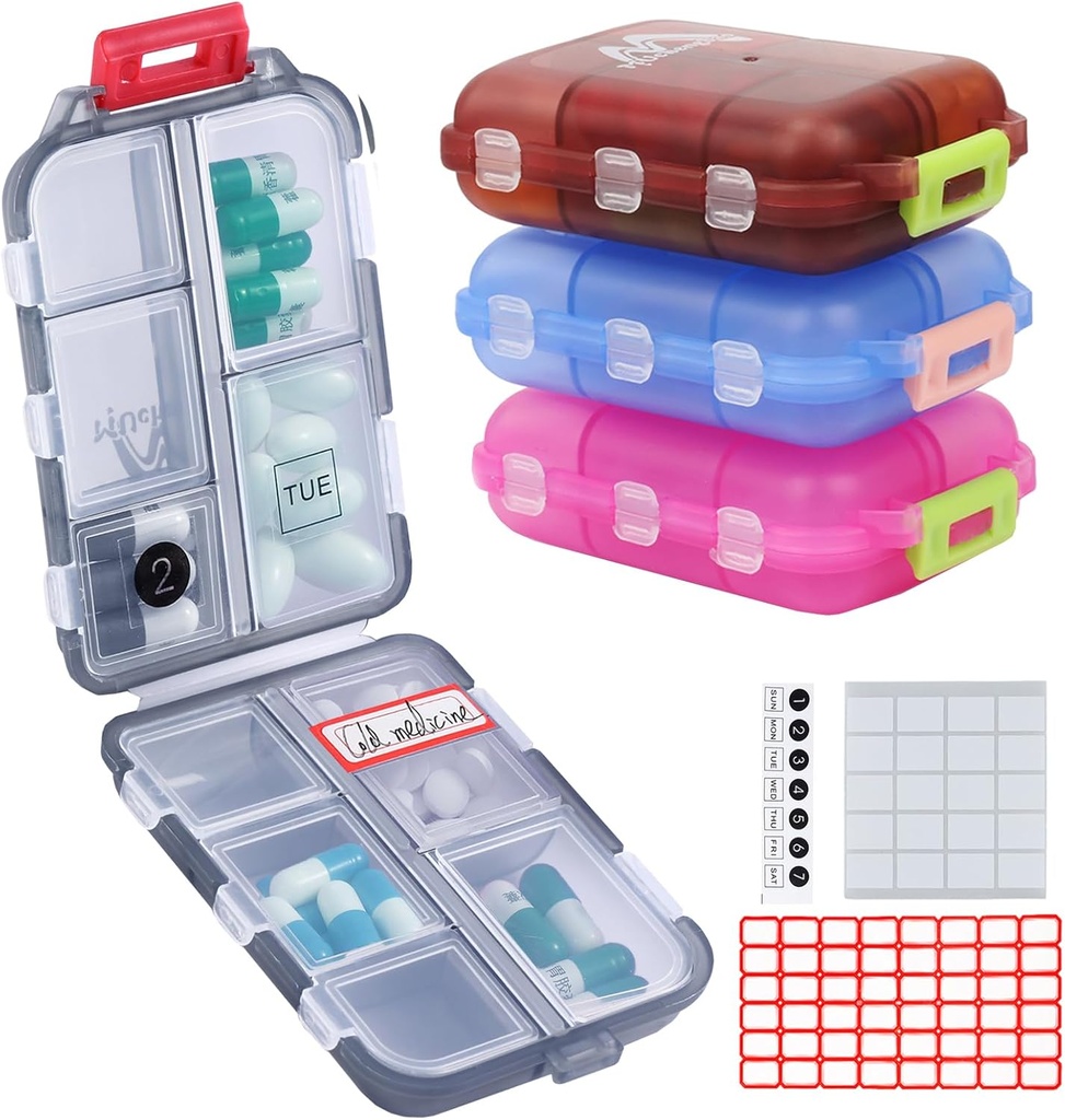 4PS Travel Pill Organizer mit 164 Slice Labels,10 Compartments Travel Pill Box Portable Folding Small Pill Case Daily Pill Container für Carry Storage Medicine Organizer von M MUchengbao