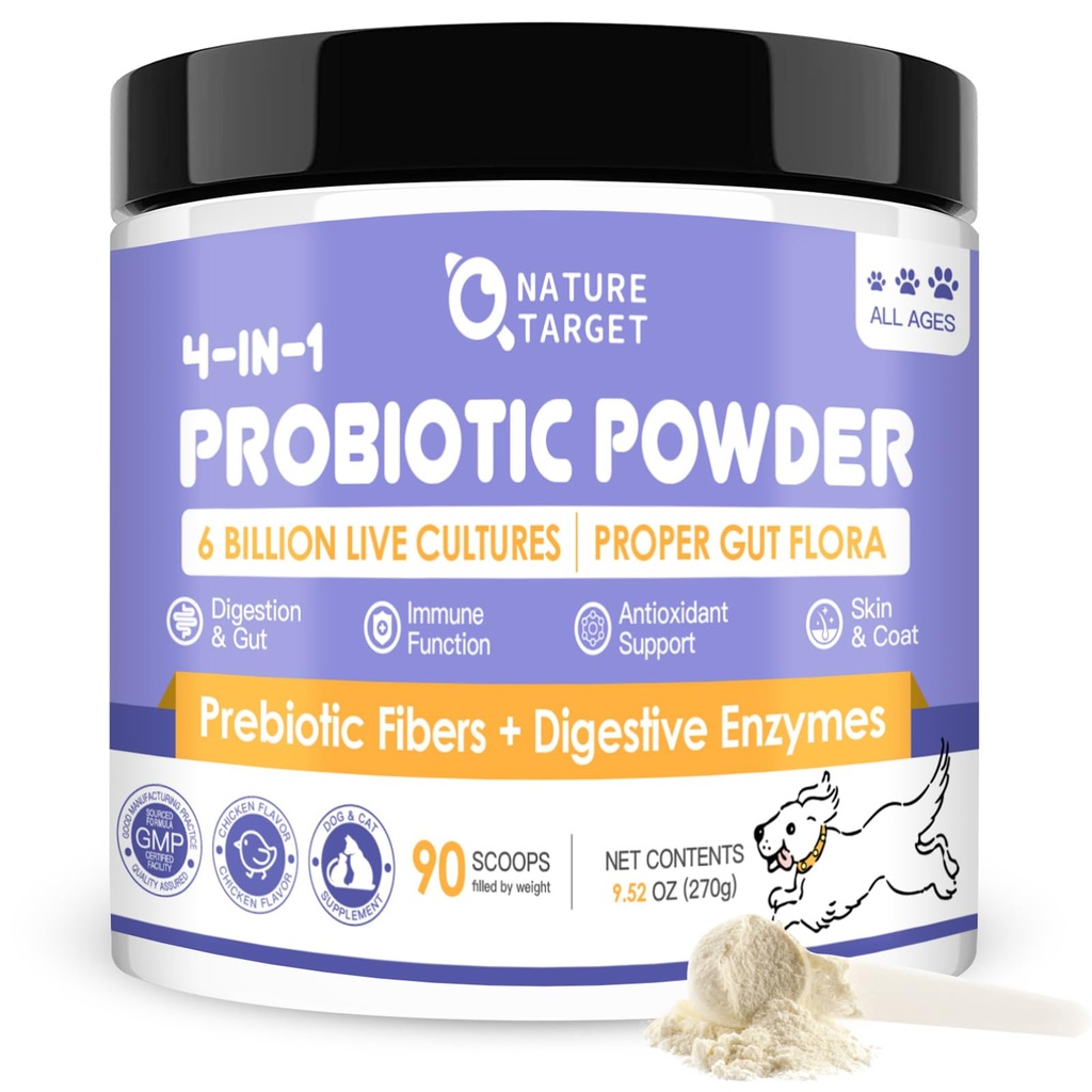 NATURE TARGET Probiotics für Hunde - Dog Probiotics, Plus Prebiotic, Verdauungsenzyme, Fiber, Stützgut, Immune Health, 6 Billion CFU Dog Probiotic Powder, Relieve Diarrhea, Loose Hocker, 90 Scoops