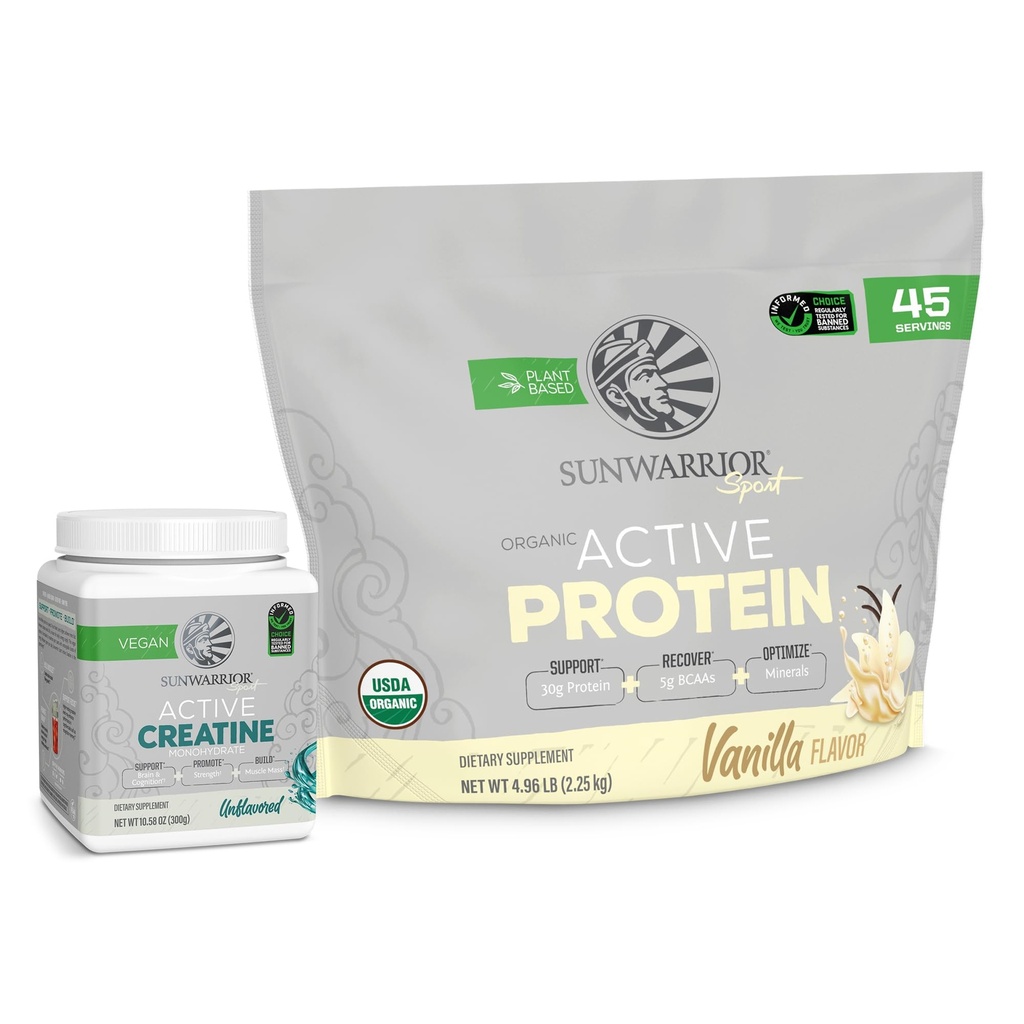 Sunwarrior poudre de protéines organiques actives à base de plantes Vanille aromatisée 45 portions et poudre monohydratée de créatine 60 portions