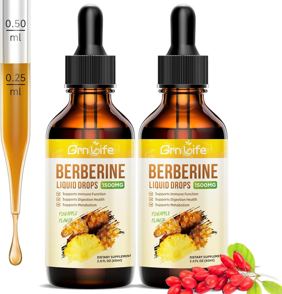 (2 Pack) Berberine Supplement, 1500mg Bio Berberine Flüssigkeitstropfen mit Ceylon Cinnamon, Bitter Melon - Unterstützt Immun- und Stoffwechsel, Vegan, Ananas Flavor-2 FL Oz