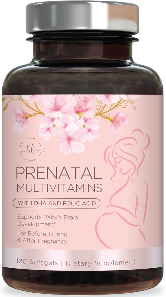 Pränatale Vitamine für Frauen mit Folsäure & DHA, Fetale Gehirnentwicklung Unterstützung mit Folat & Omega 3's, Multivitamin mit Vitamin A, C, D, B6, B12 & Eisen, Schwangerschaftsergänzung - 120 Softgels