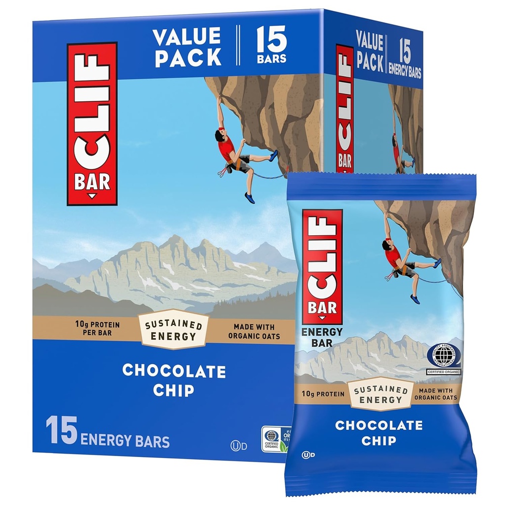 BAR CLIF - Barres de protéines énergétiques - Chips de chocolat - Fabriqué avec de l'avoine biologique - Barres énergétiques - Non-OGM - (15 Pack)
