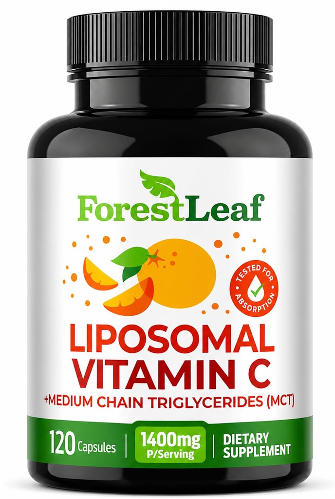 ForestLeaf Liposomal Vitamin C 1000mg Kapseln | Hohe Dosierung Vitamin C Liposomal Ergänzung mit Kokosnussölfettsäuren | Schnelle Absorption | Immununterstützung, Antioxidans, Kollagenproduktion | 120 Vegan Cap