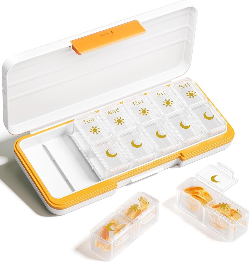AM PM Pill Organizer 2 Mal A Day, 7 Tage Pille Box Wöchentliche Pille Organizer Reisen mit separaten Container, tragbaren Tagesmedizin Planner Dispenser Fall für Vitamin, Fischöle, Beilagen(Beige)
