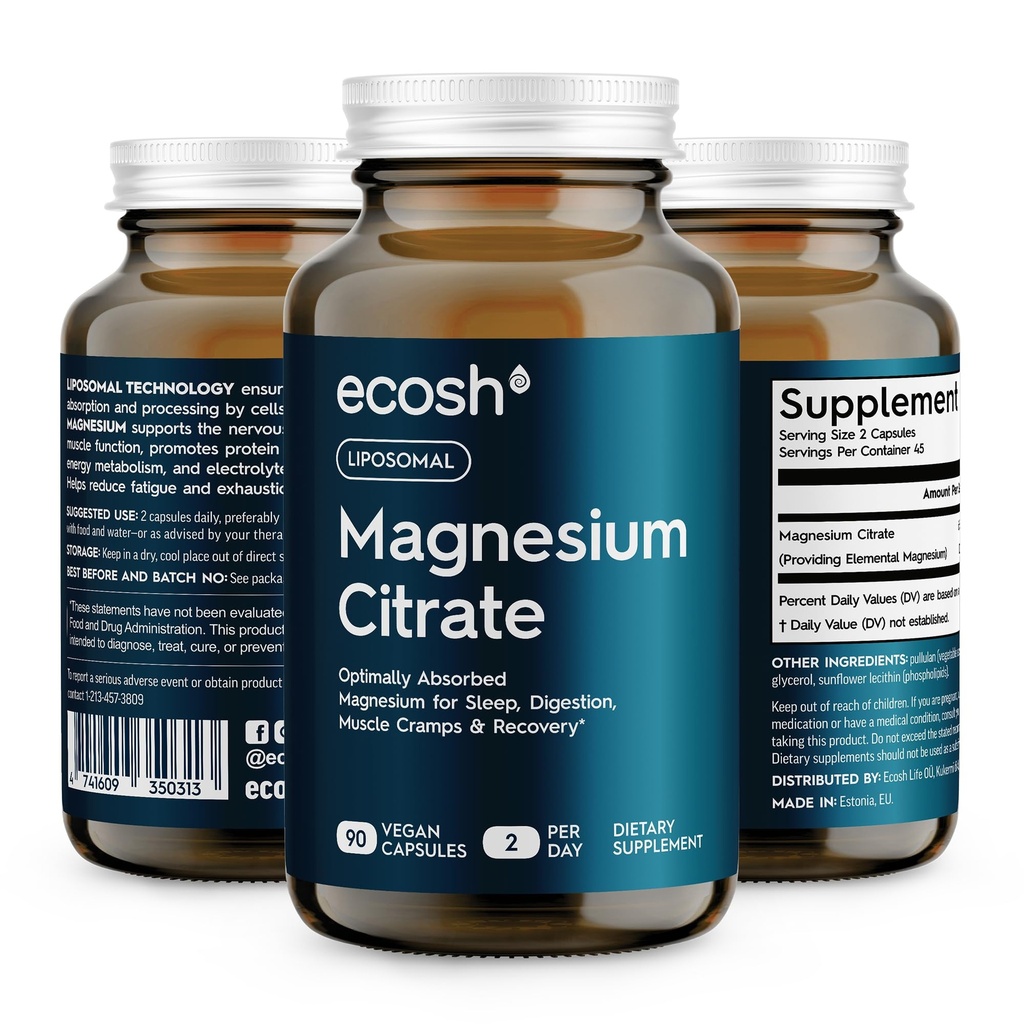 Capsules de citrate de magnésium liposomique — supplément de magnésium à haute absorption pour la constipation, le sommeil, les crampes musculaires et la récupération