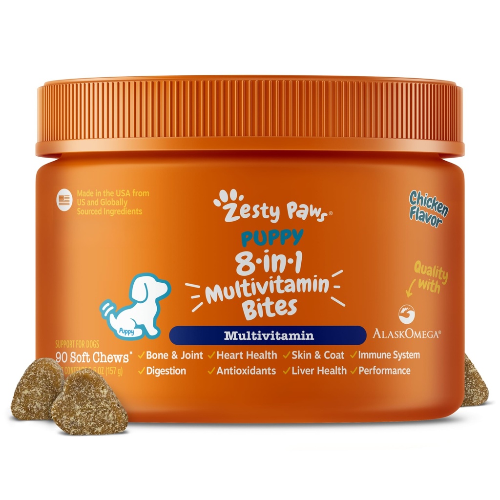 Zesty Paws Hund Multivitamin, Kaubare Hunde Vitamine und Ergänzungen für Hip & Gelenke, Haut & Coat, Omega 3 Fischöl für Hunde- Welpen Multivitamin - Huhn Welpen Bites- 90ct