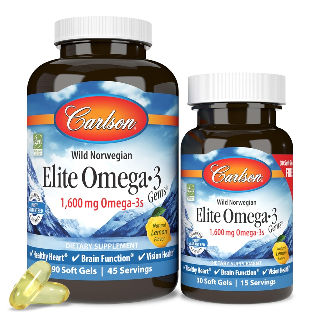 Carlson Labs Elite Omega-3, 1600 mg, Gems Fish Oil Soft Gels, Natürliche Zitronen Geschmack, 2 Packung (120 Count Jeder)