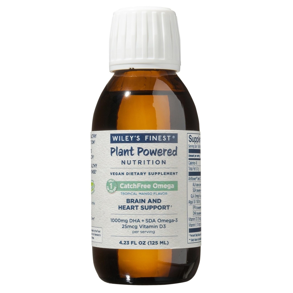 Wiley's Finest CatchFree Omega - Vegan, Non-GMO Fish Oil Alternative - Full Spectrum Omega-3 Liquid Supplement with Organic Plant-Based Algae Oil - Tropical Mango Flavor - 4.23 Oz (25 Servings)