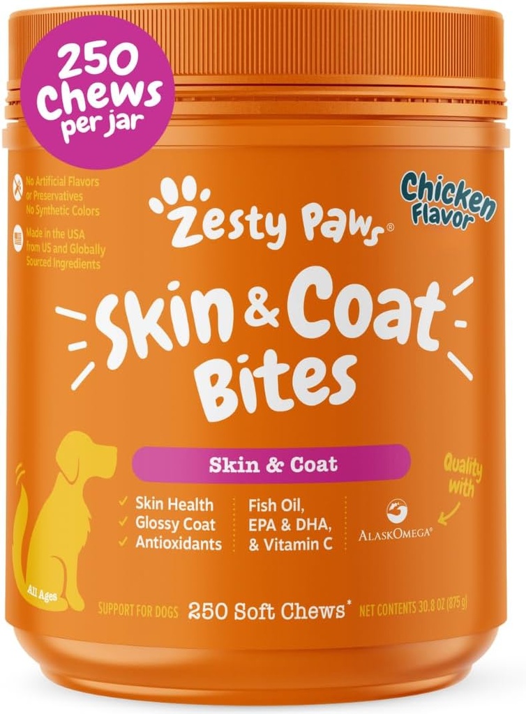 Zesty Paws Omega 3 Fischöl für Hunde - Zesty Paw Hund Vitamine und Ergänzungen für Hip, Joint & Skin, Huhn (250 Chews)