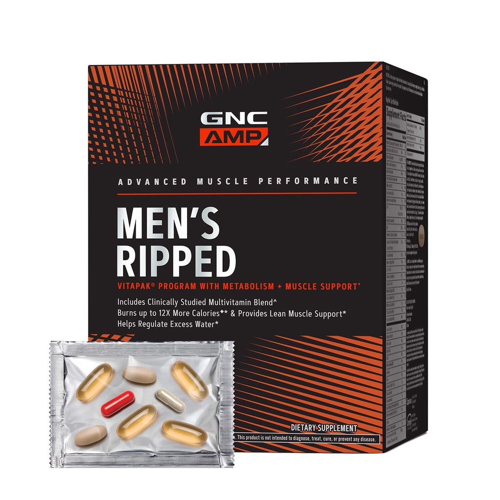 Programme Vitapak AMP pour hommes, 4 en 1 produit Vitamine Pack, Métabolisme et Lean Muscle Tone, Calories de brûlure, Évacuation d'eau, Multivitamine adulte, Caféine, CLA, Ingrédients éprouvés, 30 jours d'approvisionnement