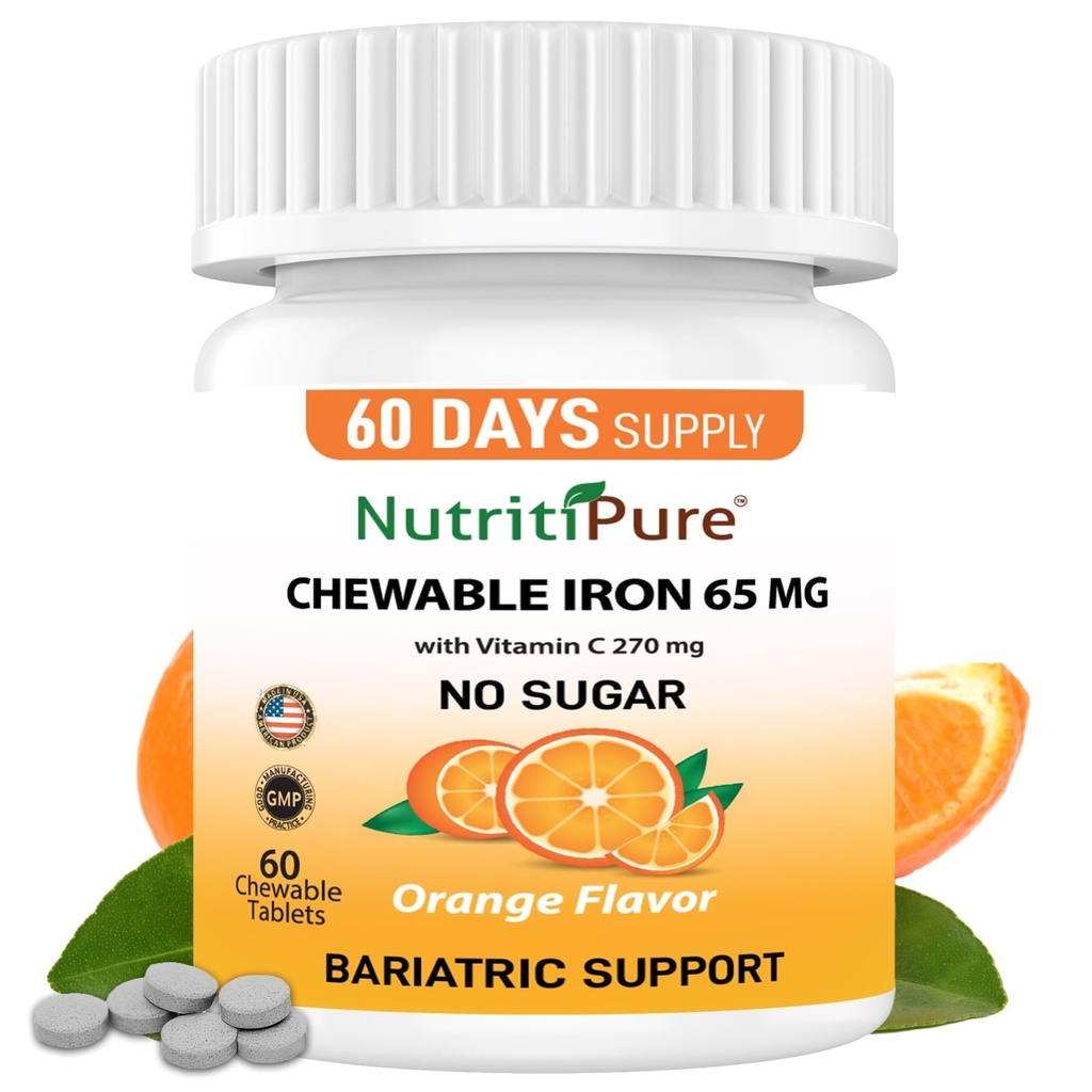 Fer à croquer 65 mg avec vitamine C 270 mg (pour les femmes/hommes) 60 jours d'approvisionnement