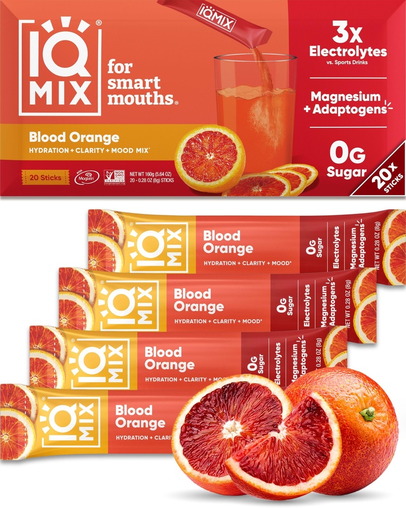 Poudre d'électrolyte d'hydratation IQMIX – formule 4-en-1 pour l'hydratation, la clarté mentale, l'humeur et la récupération – mélange de boisson sans sucre, kéto, thréonate de magnésium L, la crinière de Lion – 20 orangé de sang