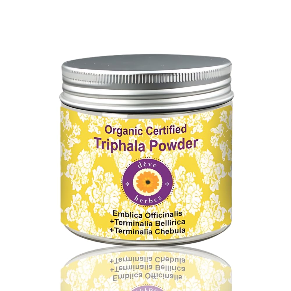 Herbes Pure Triphla Powder (Emblica officinalis) + (Terminalia belerica) + (Terminalia chebula) Organic Certified Natural Therapeutic Grade 200gm, (7.05oz)