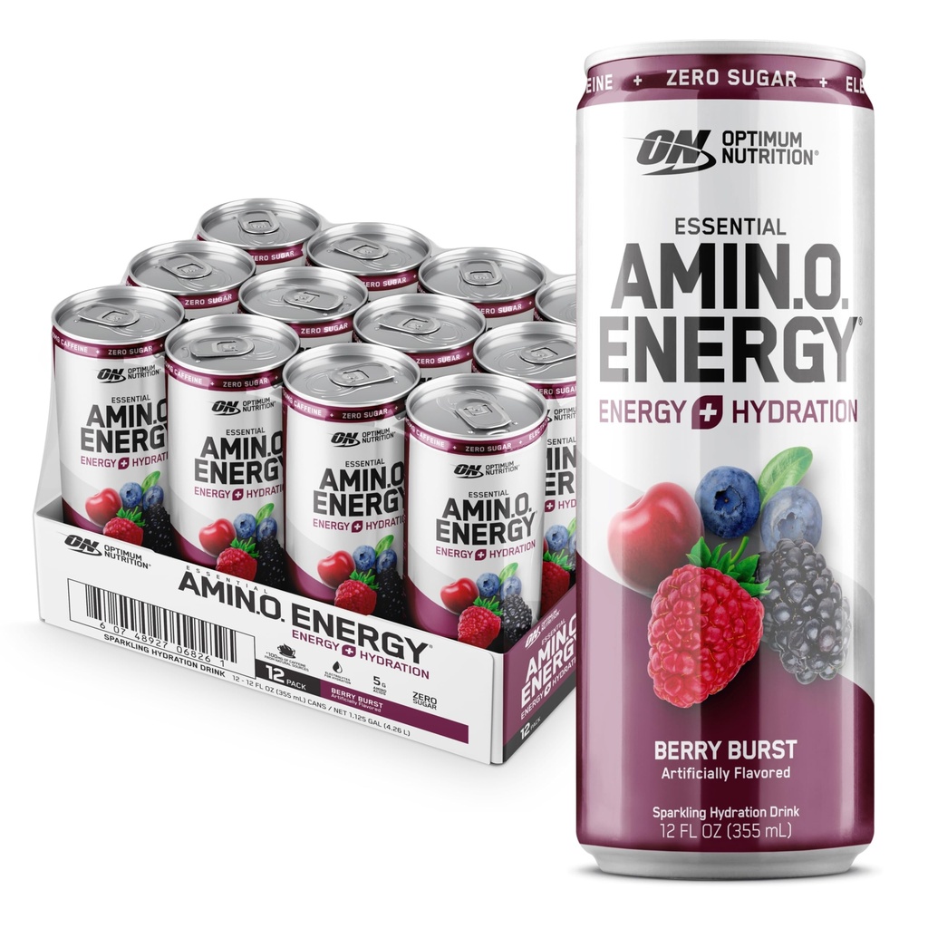 Optimum Nutrition Amino Energy Sparkling Hydration Drink, Elektrolyte, Koffein, Aminosäuren, BCAAs, Sugar Free, Berry Burst, 12 Fl Oz, 12 Pack