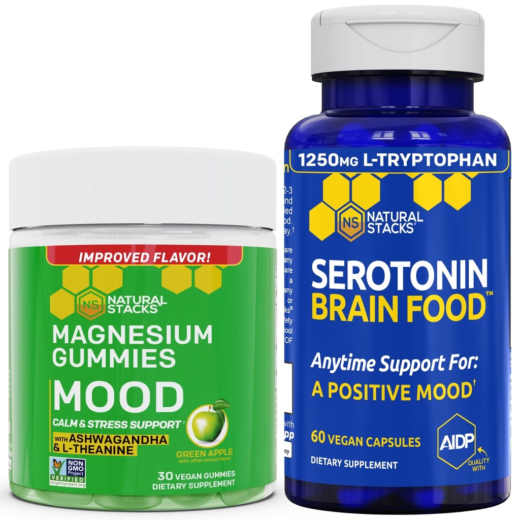 NATURAL STACKS Mood Magnesium Citrate Gummis + Serotonin Brain Food Bundle - Positiver Mood & Stress Support - 90 Stück