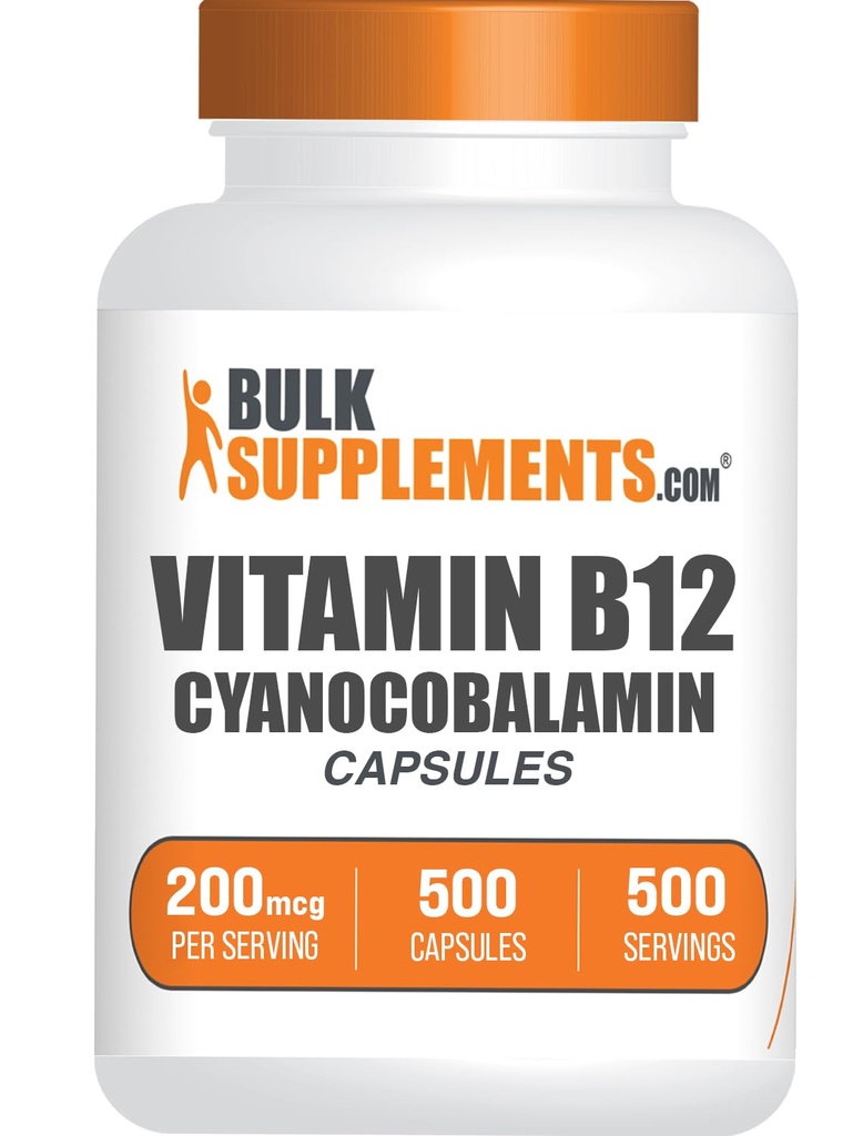 BulkSupplements.com Vitamin B12 Kapseln - wie Cyanocobalamin, Vitamin B Supplement, Vitamin B12 200 mcg - Energie Vitamine, Glutenfrei, 1 Kapsel pro Servierung, 500 Kapseln (Pack von 1)