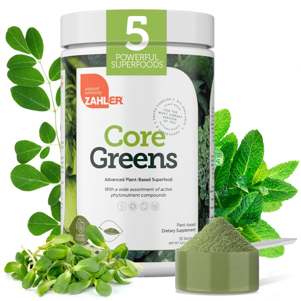 Suppléments nutritionnels en poudre de Zahler Core Greens - Superfood Powder - Super Green Juice & Smoothie Mix - Phytonutriment Riche en Spiruline, Chlorophylle et plus - Kosher Superfood