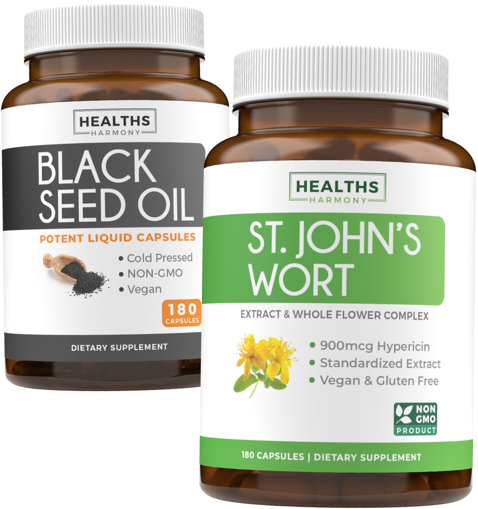 Black Seed Oil & St. John's Wort (3-Monats-Versorgung) Harmony Essence Bundle of Black Seed Oil (180 Kapseln) Cold-Pressed Nigella Sativa & St. John's Wort (180 Kapseln) mit Powerful 900mcg Hypericin
