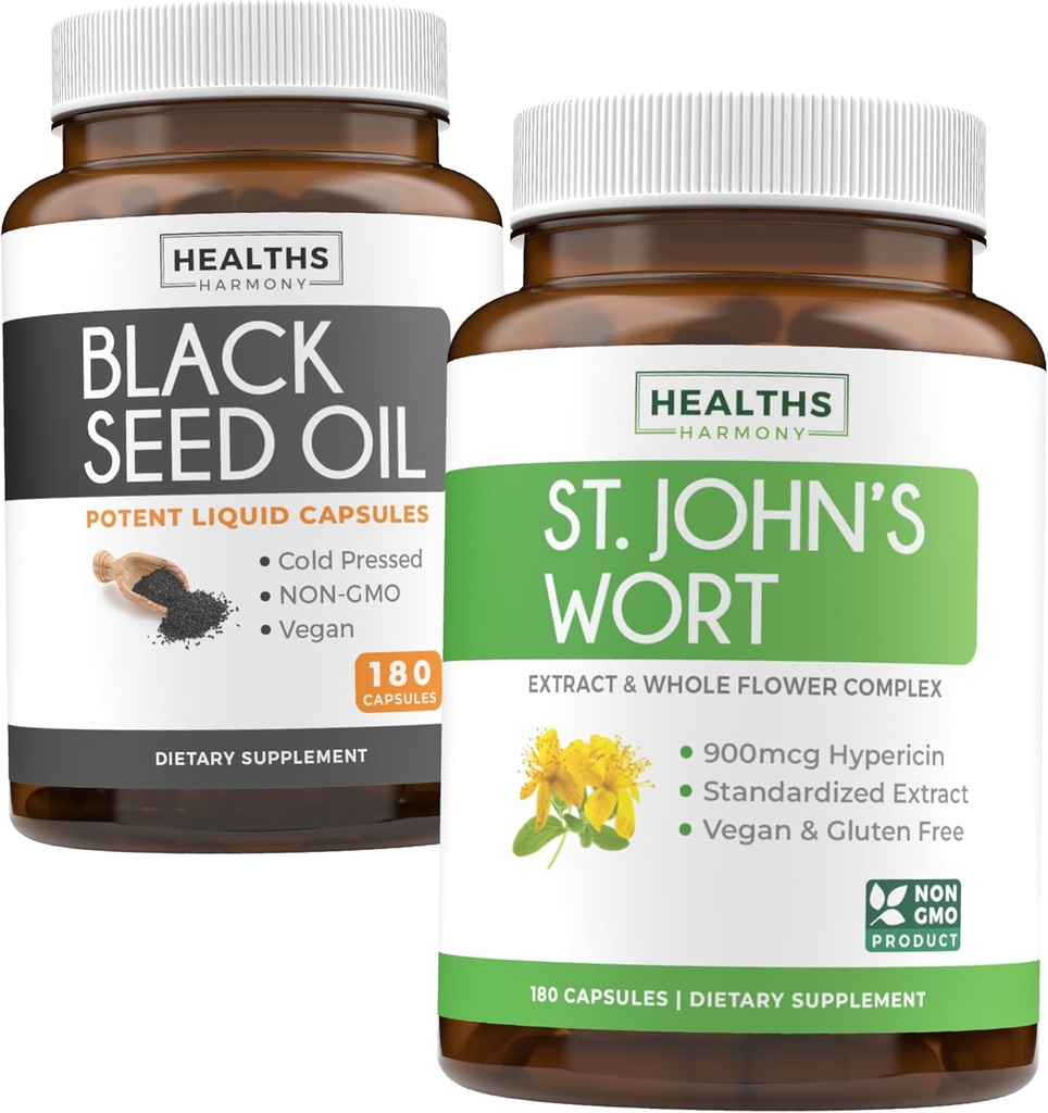 Black Seed Oil & St. John's Wort (3-Monats-Versorgung) Harmony Essence Bundle of Black Seed Oil (180 Kapseln) Cold-Pressed Nigella Sativa & St. John's Wort (180 Kapseln) mit Powerful 900mcg Hypericin