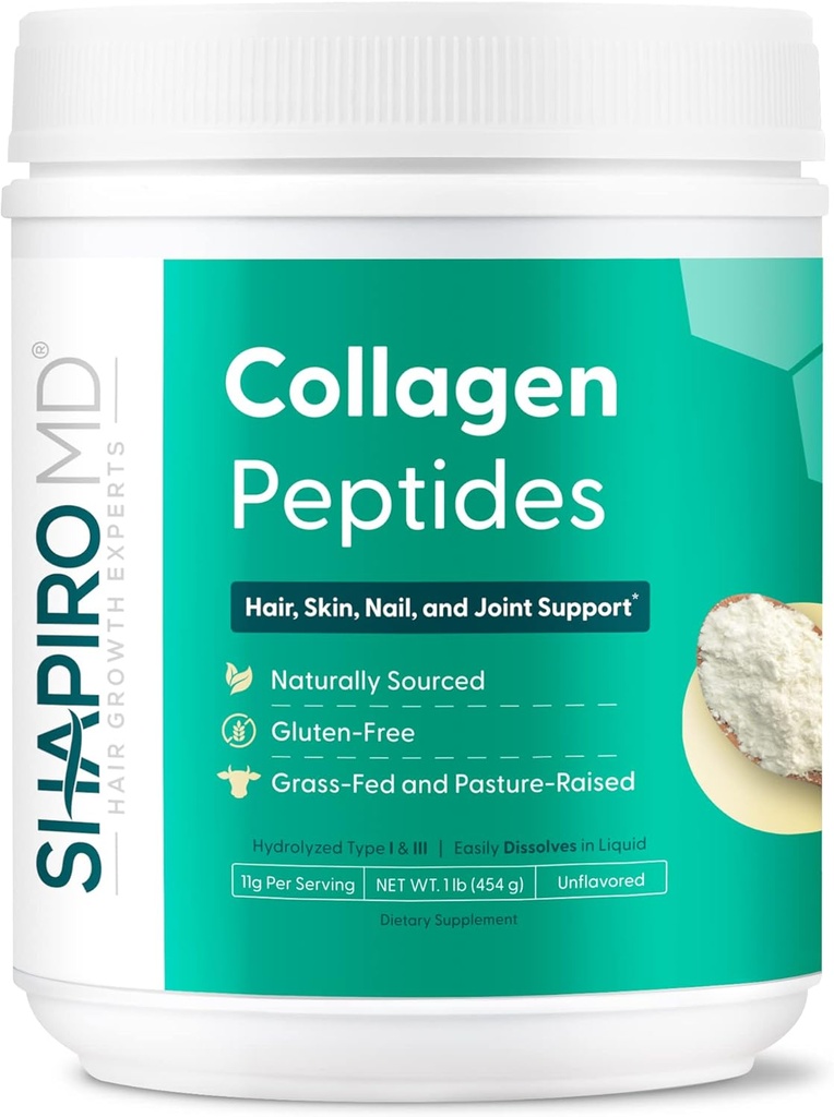 Shapiro MD Hair Growth Experts Collagen Peptides Powder, Collagen Powder Supplement für Haare, Haut, Nägel und Gelenkunterstützung, I & III hydrolysiertes Kollagen für einfache Absorption, 11g Collagen - 16 oz.