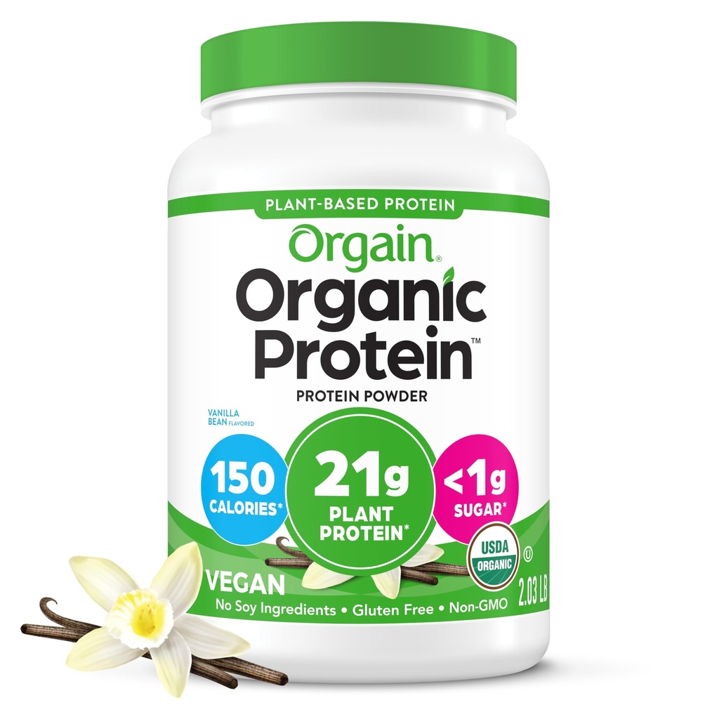 Orgain Organic Vegan Protein Powder, Vanilla Bean - 21g Pflanzenprotein, 6g Prebiotic Fiber, No Lactose Ingredients, No Added Sugar, Non-GMO, Für Shakes & Smoothies, 2.03 lb (Packaging May Vary)