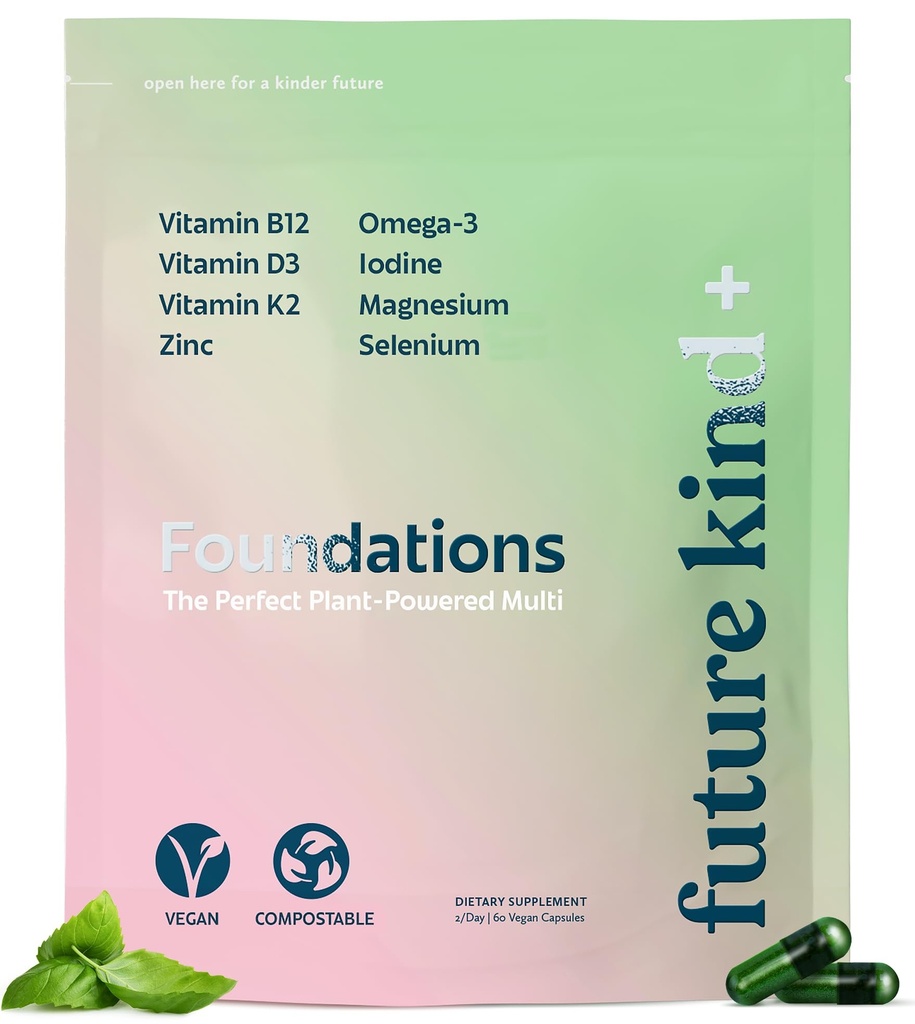Future Kind Carrageenan-Free Foundations Multivitamin für Frauen und Männer mit Omega-3, B12, D3, Zink, Iodin, Magnesium, K2 & Selen, Vegan, Kompostierbare Tasche (60ct)