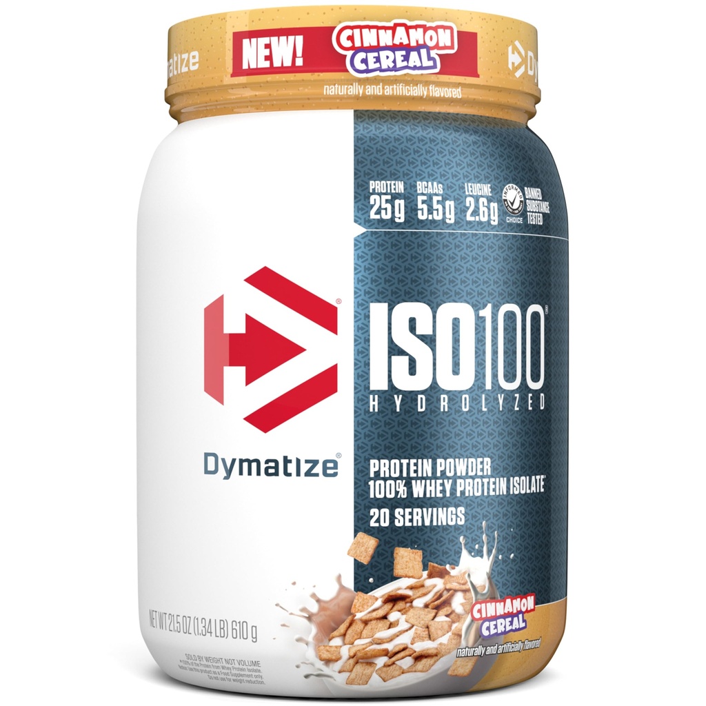 Dymatize ISO100 Whey Protein Powder Isolate, Cinnamon Cereal, 25g Protein, 5.5g BCAAs, Weniger als 120 Cal., Glutenfrei, 1g Fett, 1g Zucker, 2g Carb (20 Servierungen)
