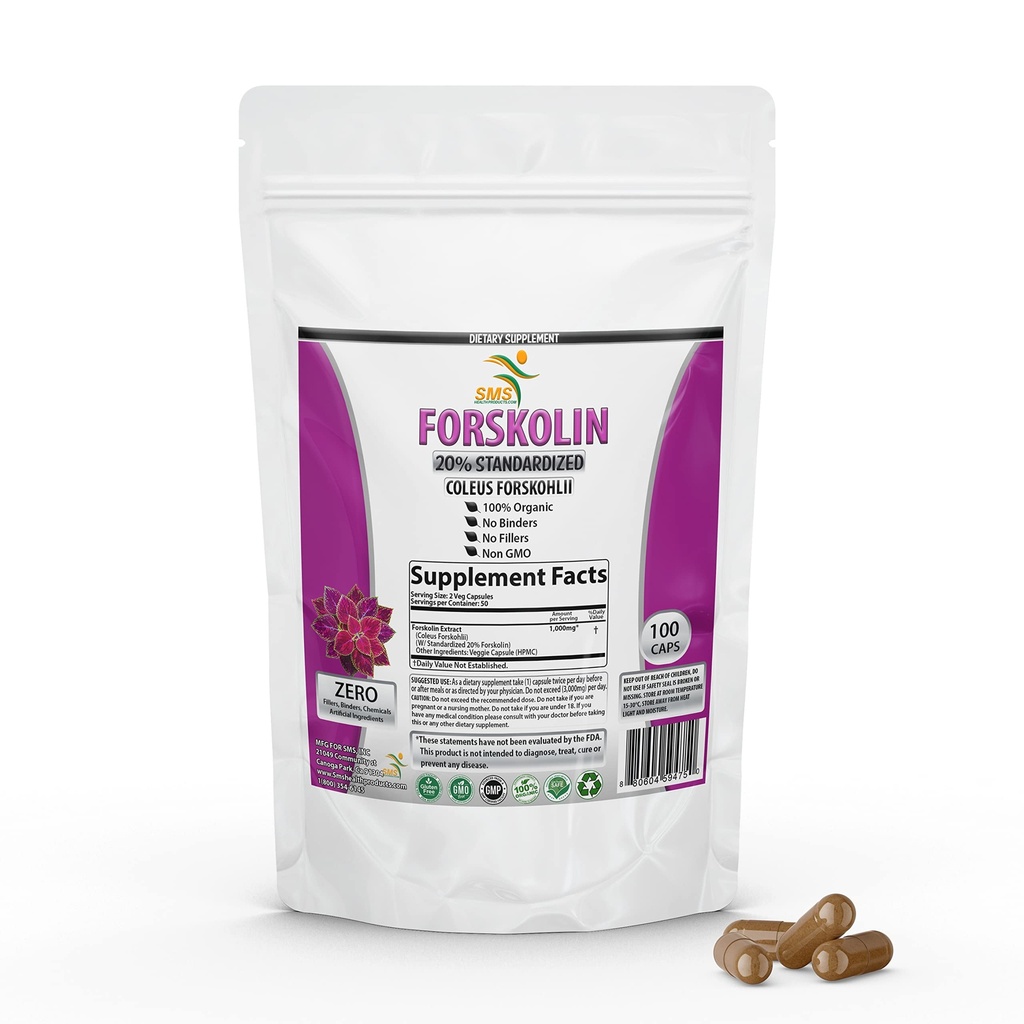 Pure Forskolin Extrakt Ergänzung mit Potent Coleus Forskohlii 20% Standardisiert 1.000 mg für Enhanced Energy - pflanzenbasierte Energie Beilagen für Frauen und Männer - 100 Veggie Kapseln