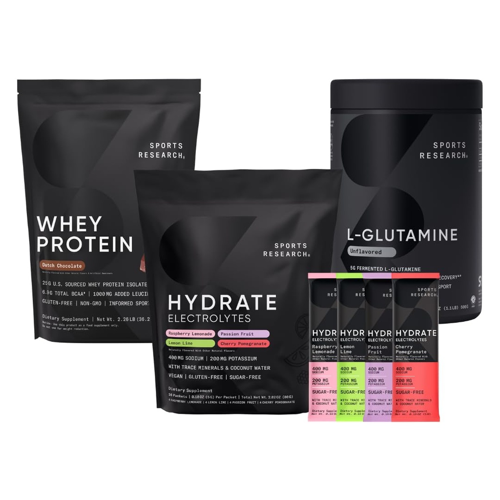 Recherche sportive Multi-arôme Hydrate Electrolytes Packets, Dutch Chocolate Aromatisé Whey Protéine Isolé Poudre et L-Glutamine non aromatisée