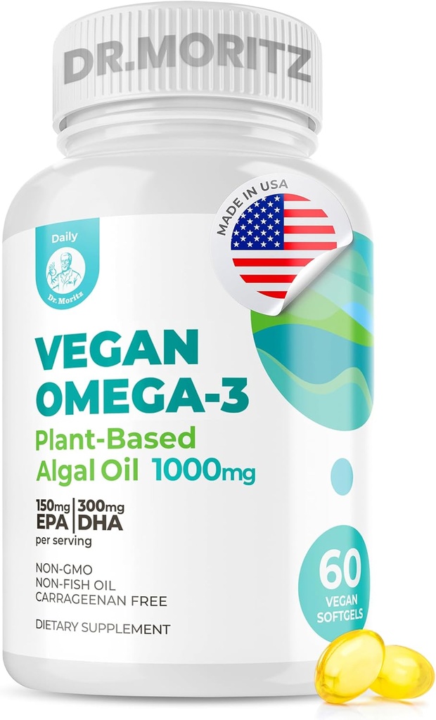 DR. MORITZ Vegan Omega-3 Softgels für Erwachsene und Kinder, hergestellt aus Algenöl mit DHA EPA, Small Algae Omega 3 Supplements, Vegan, 60 Zähler