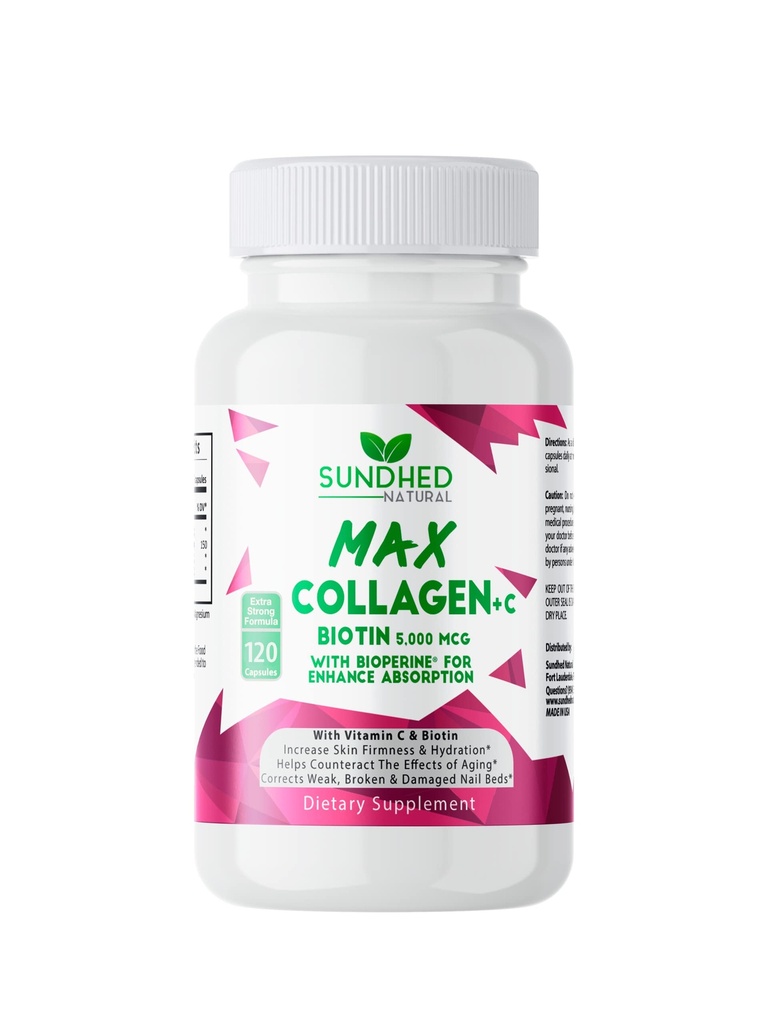 Collagène Max Sundhed Plus C - Tous les collagènes naturels avec biotine et biopérine pour stimuler l'hydratation antivieillissement et la fermeté de la peau - Renforcer les os et les ongles (capsules 2-mois) (120 comte)