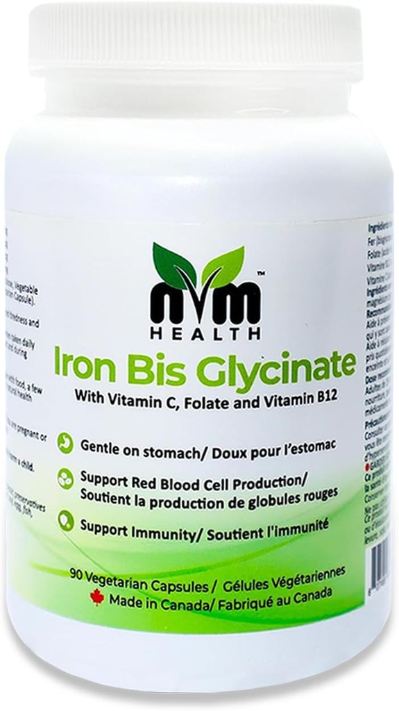 Supplément en fer doux pour adultes I bisglycinate de fer avec vitamine C, B12, acide folique I soutient la formation de globules rouges et stimule l'immunité - 90 capsules végétariennes, sans gluten