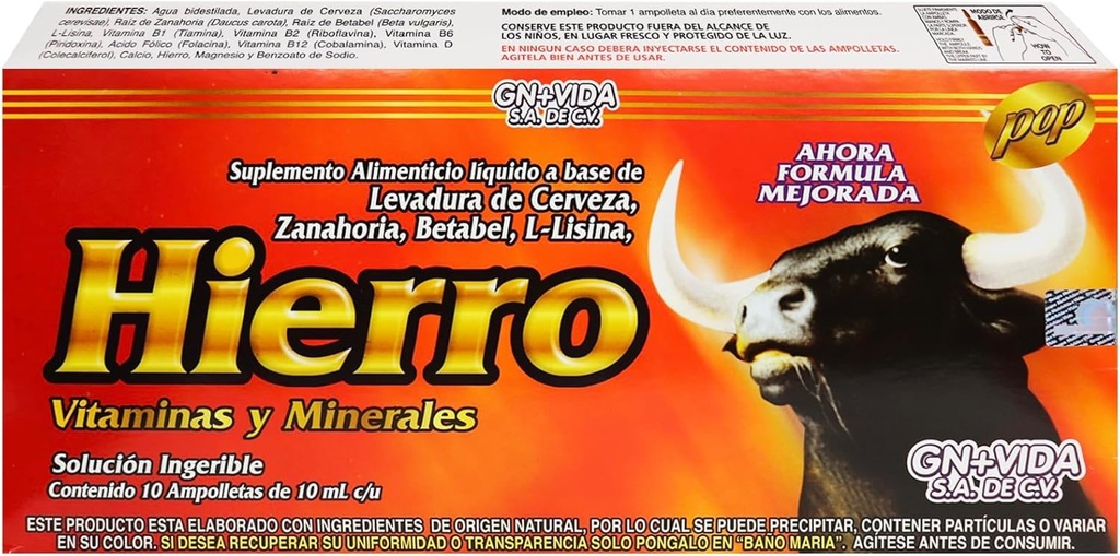 Hierro Liquid Dietary Supplement – Iron with Brewer’s Yeast, Carrot, Beetroot & L-Lysine – Vitamins & Minerals – 10 Ampoules x 10 mL