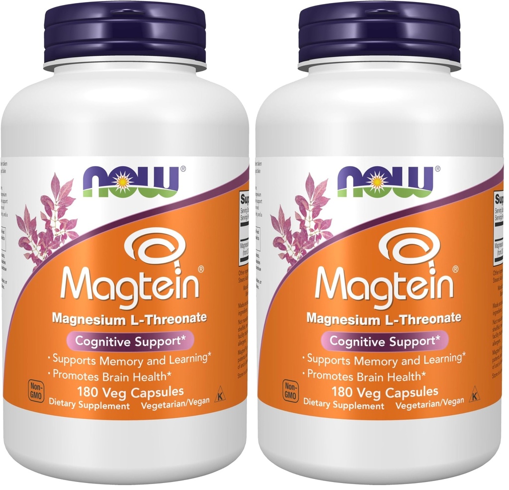 Now Foods Supplements Magtein, Magnesium L-Threonate, Cognitive Support*, 180 Veg Capsules, (Pack of 2)
