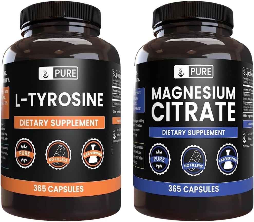 PURE ORIGINAL INGREDIENTS L-Tyrosin und Magnesium Citrat Bundle, 365 Kapseln jeder, Immer rein, Lab Verifiziert