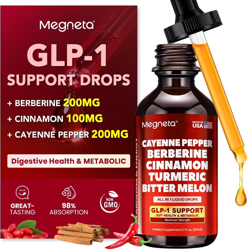 Berberine with Ceylon Cinnamon Liquid Drops – Boost GLP-1 with Cayenne Pepper, Turmeric, Bitter Melon for Gut Health, Digestion, Antioxidant & Immune Support, Vegan, No Sugar, No Minerals, 2 fl oz