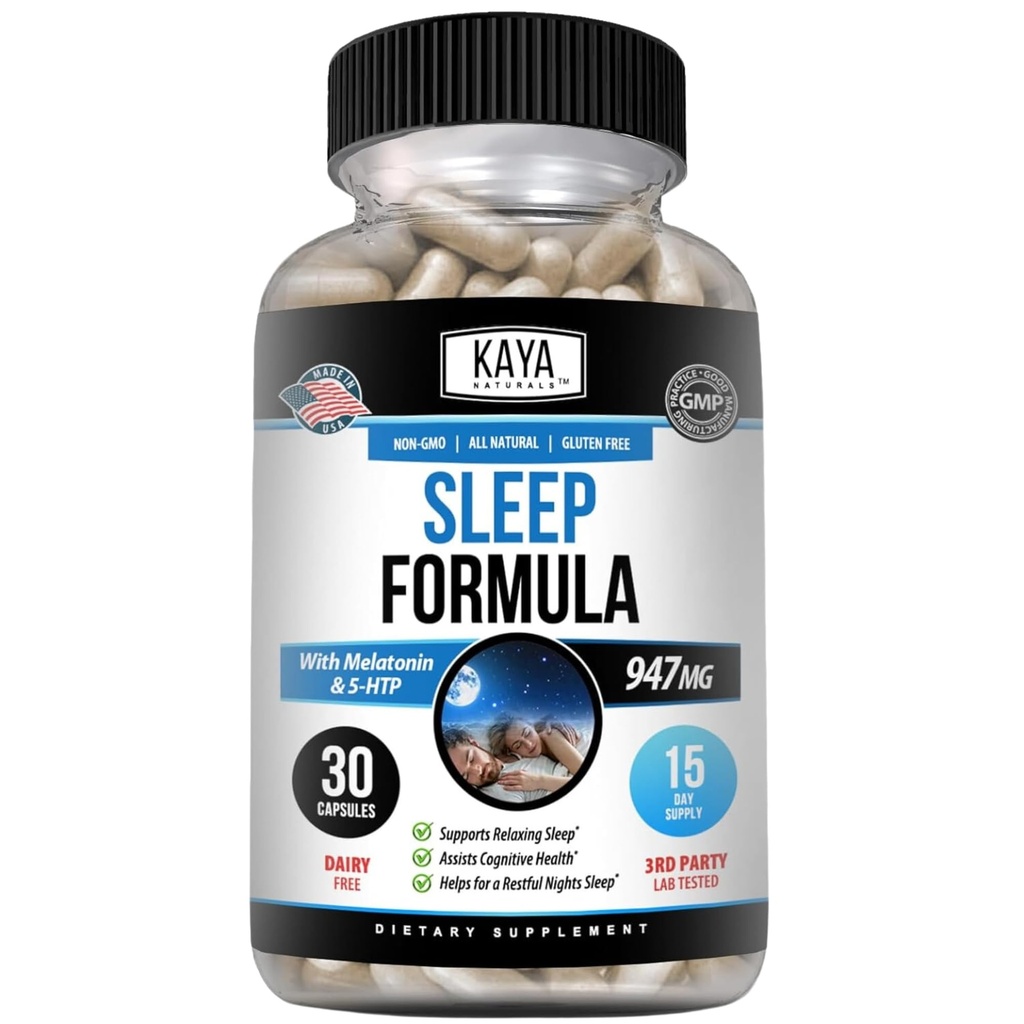 Kaya Naturals - Formule de soutien du sommeil avec la mélatonine - Supplément vitamine de soutien d'aide - Stress du sommeil et soutien de l'humeur - L-Tryptophhan, Passion Flower, Ashwagandha et plus (30 comtes)