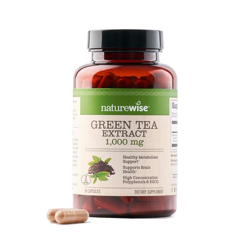 NatureWise Green Tea Extract Kapseln 1000 mg - 50% EGCG & 98% Polyphenole - Extra Strength Green Tea Pills - Antioxidantien für Herzgesundheit & Energie - Vegan, Non-GMO - 90 Count[45-Day Supply]