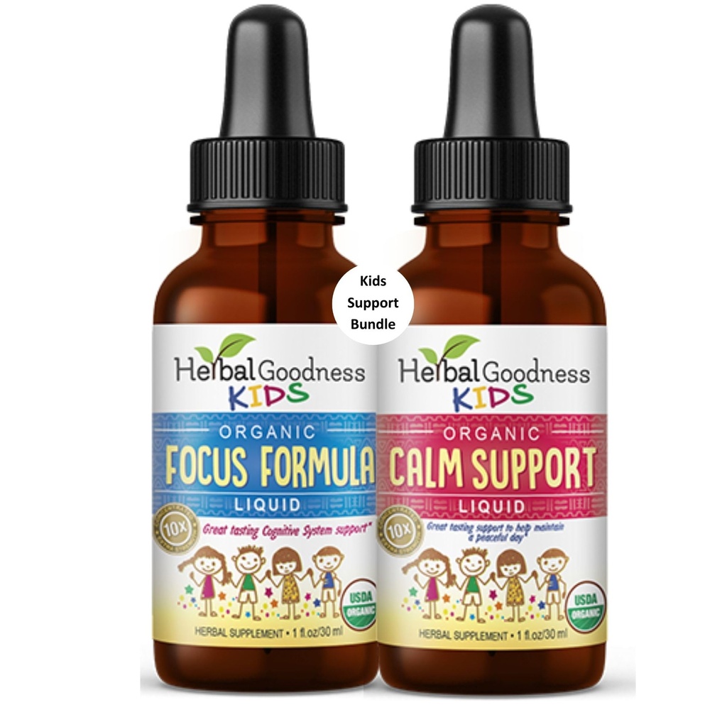 Herbal Papaya Kids Focus and Attention Supplement 1oz and Kids Calm Support 1oz Bundle. Organic and Naturally Support Focus and Calmness in Kids