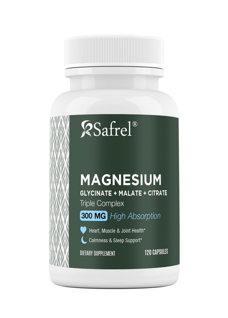 Safrel | Triple Magnesium Complex 300mg | Magnesium Glycinate, Malate, Citrate | Chelated High Absorption Formula | Vegan, Non GMO, Gluten Free | 120 Capsules