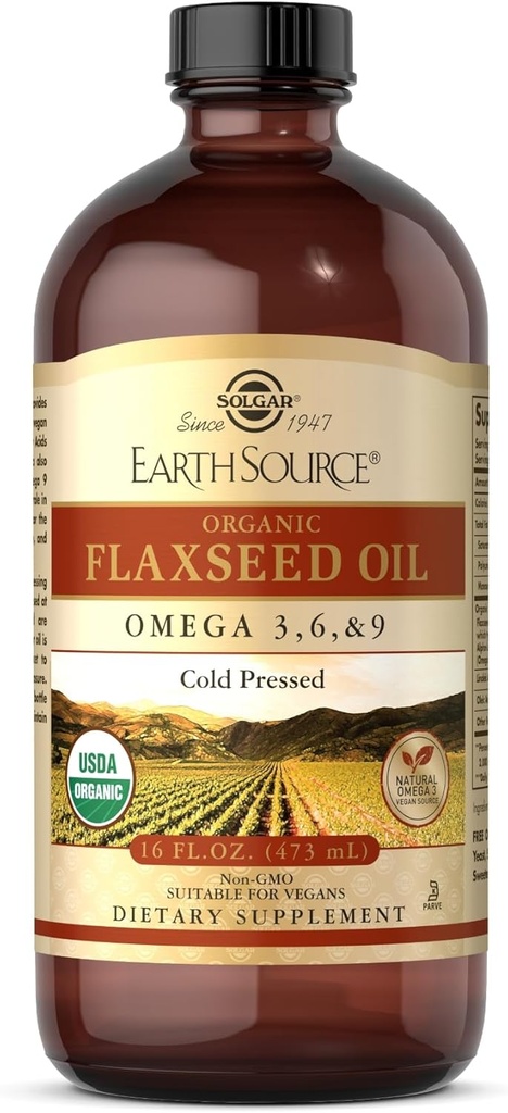 Solgar Earth Source Organic Flaxseed Oil - 16 fl oz - Kalt gepresst - Omega 3, 6 & 9 - USDA Organic, Non-GMO, Glutenfrei - Über 31 Servietten