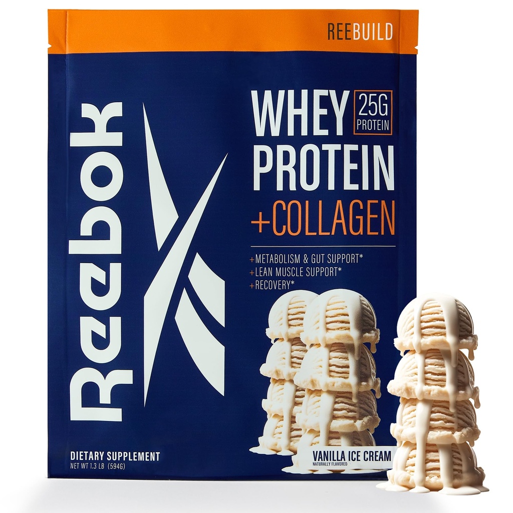 Reebok Whey Protein Powder + Collagen Peptides | 25g Protein mit 9 essentiellen Aminosäuren | Muskel Erholung, Joint & Gut Support | Informed-Sport Certified | ReeBuild Vanilla Ice Cream Flavor, 1,3 lb