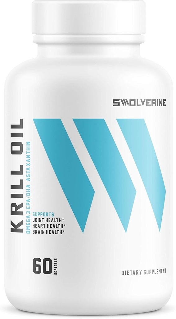 Huile de krill swolverine de 500mg d'huile de krill et d'astaxanthine, Omega-3s, EPA et DHA, Absorbage rapide, Relief articulaire, Santé cardiovasculaire (60 portions)