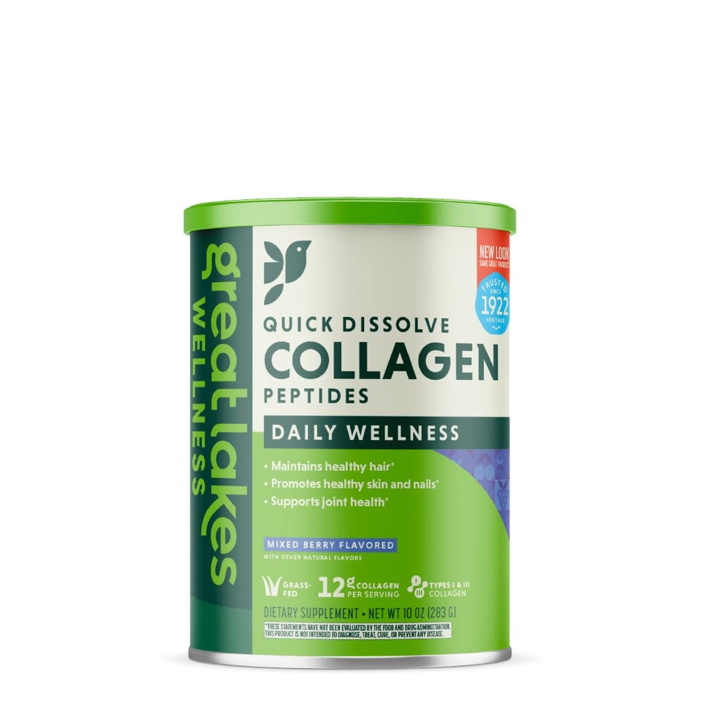 Great Lakes Wellness Collagen Peptides Powder Supplément pour les articulations des ongles de cheveux de peau - Mélange d'arômes de baies - Dissolve rapide Hydrolyzed, non-OGM, sans gluten, sans conservateurs, Halal - 10 oz Canister