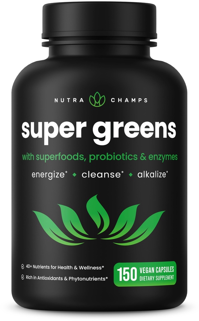 NutraChamps Organic Super Greens Capsules - Alfalfa, Spirulina, Chlorella & More - Antioxidans, Verdauungsenzym & Probiotic Blends - 150 Green Superfood Capsules